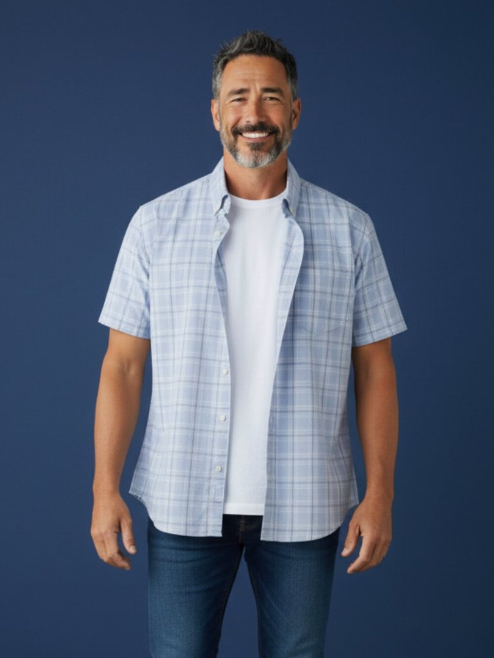 Van Heusen Light Blue and White Plaid Short-Sleeve Button-Down Shirt
